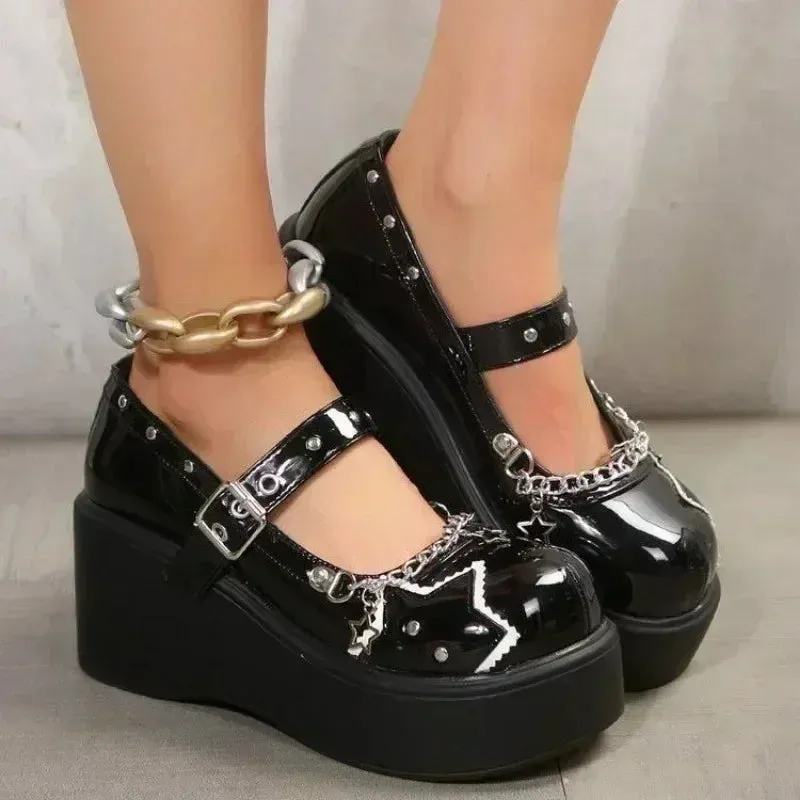 2024 Fashion Zipper Chunky Platform Mary Janes - Women's Patent Leather Y2K Gothic Shoes