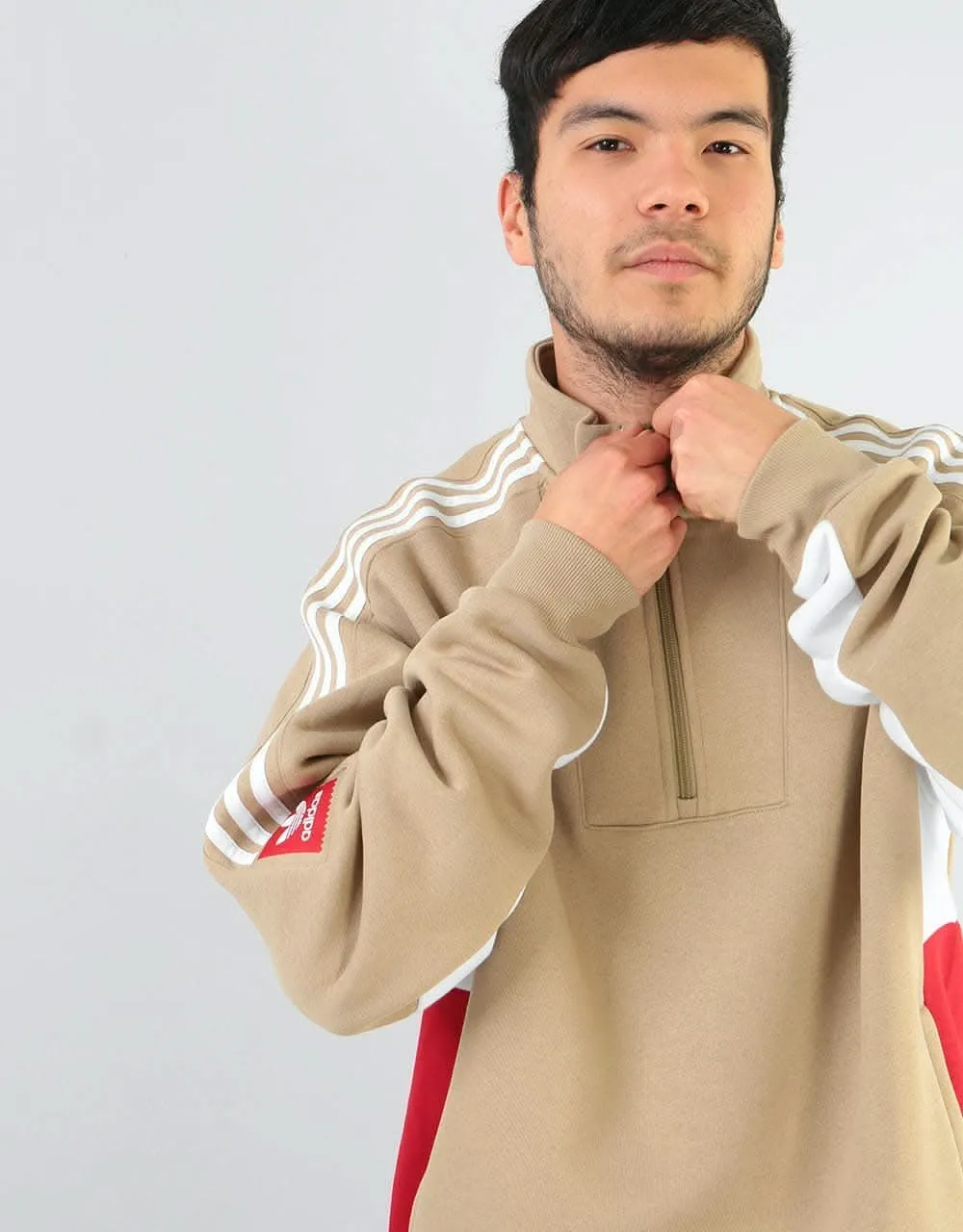 adidas Modular 1/4 Zip Sweatshirt - Hemp/White/Power Red