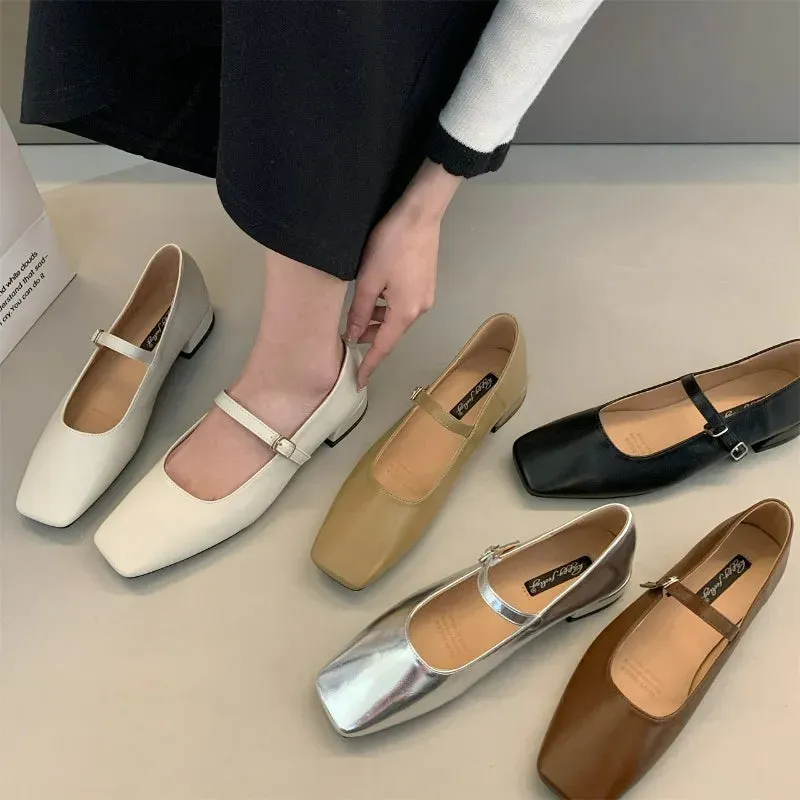 Advbridge -  New Fashion Flats Brand Design Square Toe Women Ballet Shoes Casual Buckle Strap Female Dress Shoes Low Heels Shoes