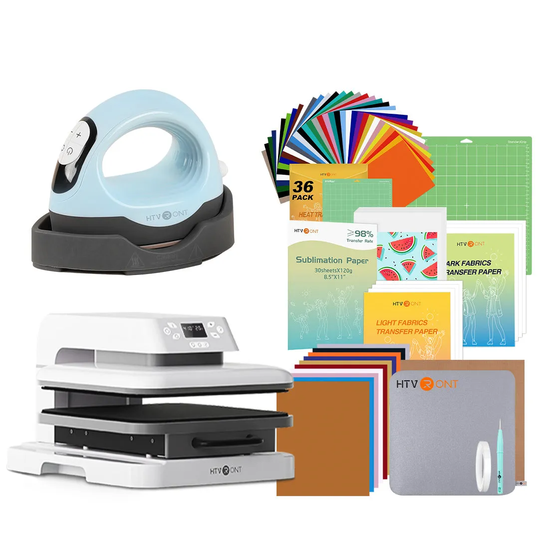 [All in bundle]HTVRONT Auto Mini3 Heat Press Machine advanced Bundle(Multicolor HTV*46 Sumblimation Paper*25 Transfer paper*10 PTFE Teflon Sheet Heat Press Mat Cutting Mat Weeding Tools≥83＄)