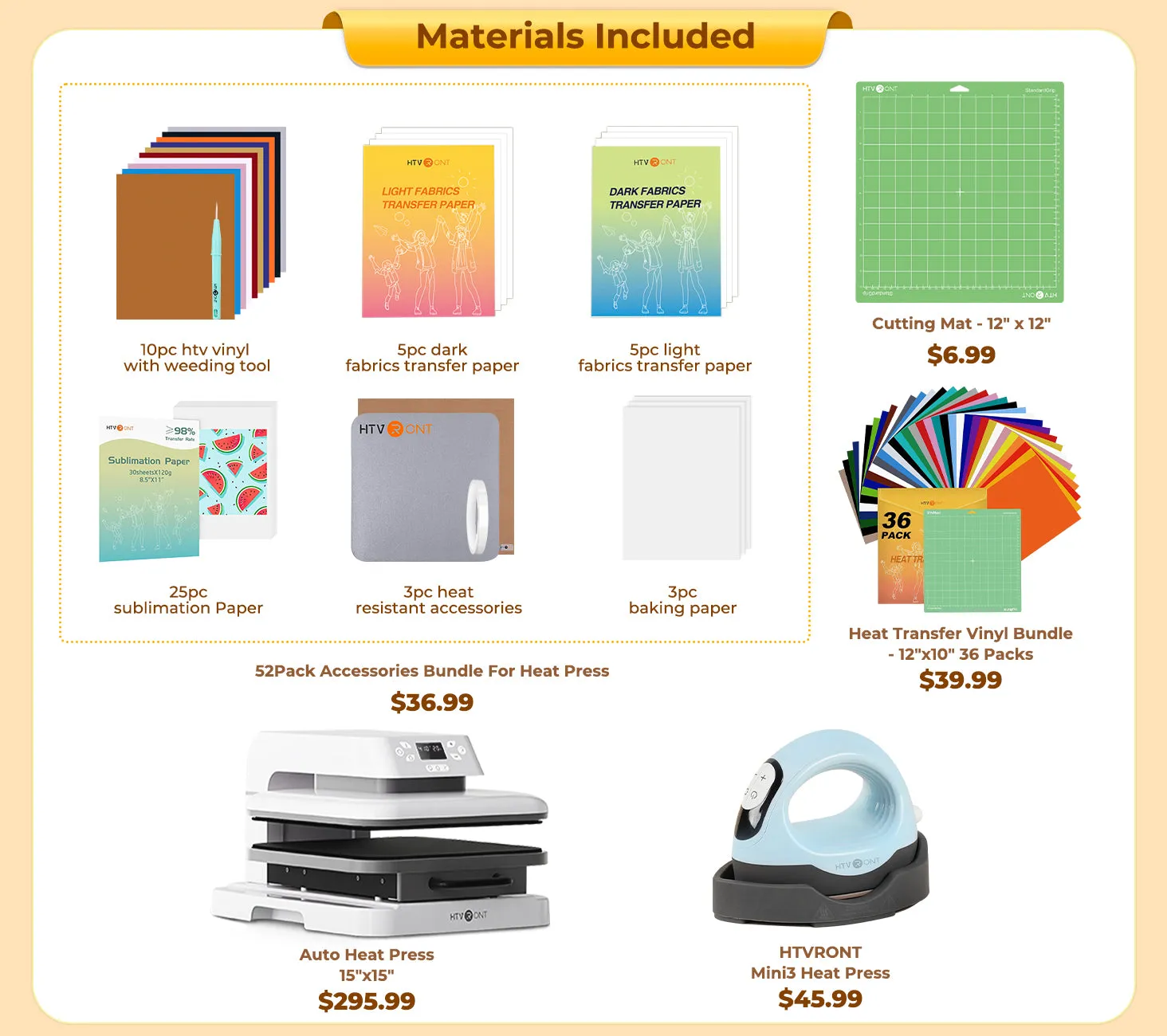 [All in bundle]HTVRONT Auto Mini3 Heat Press Machine advanced Bundle(Multicolor HTV*46 Sumblimation Paper*25 Transfer paper*10 PTFE Teflon Sheet Heat Press Mat Cutting Mat Weeding Tools≥83＄)