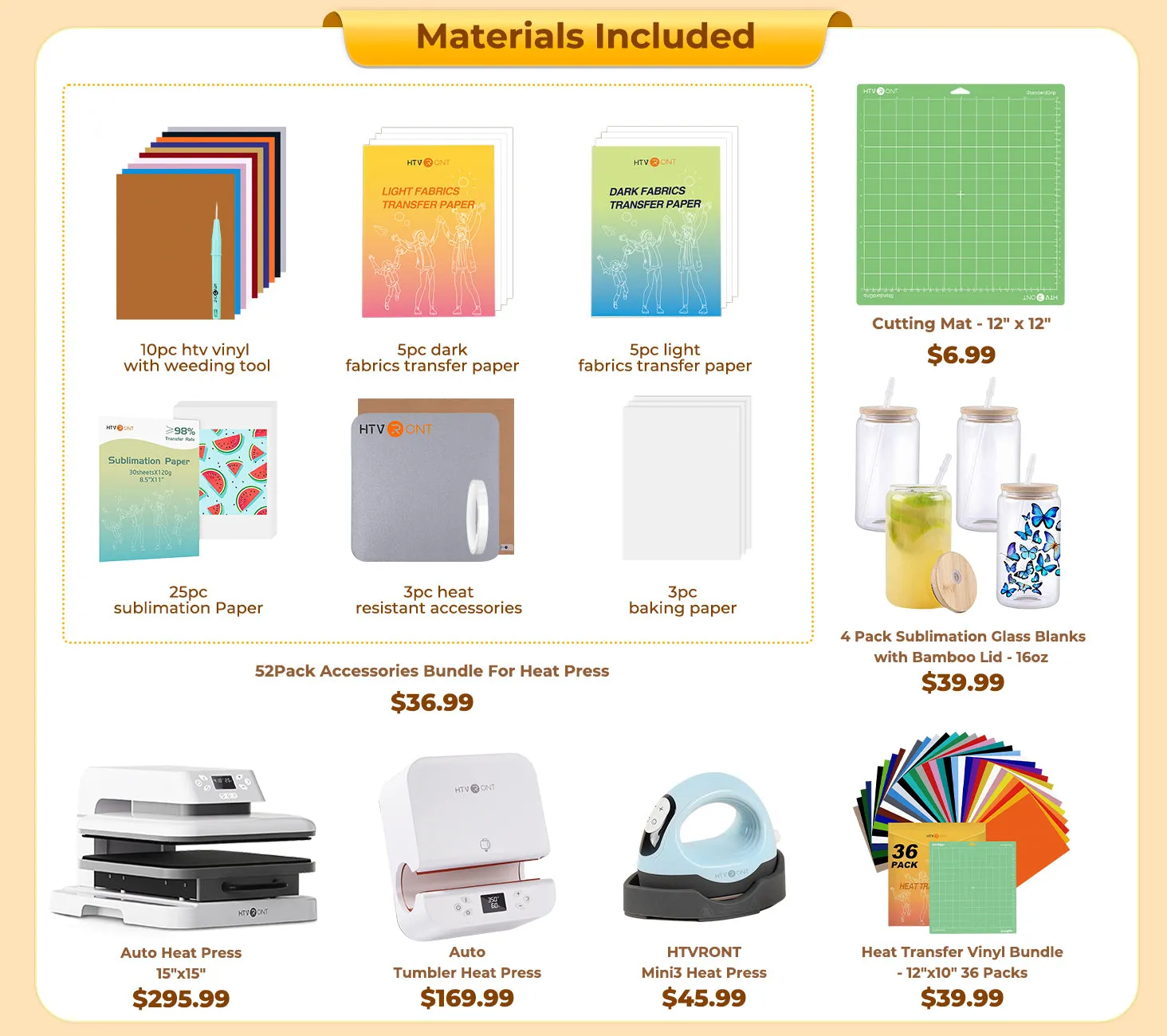 [All in bundle]HTVRONT Auto Tumbler Mini3 Heat Press Machine all in Bundle(Multicolor HTV*46 Sumblimation Paper*25 Glasses 16oz*4 Transfer paper*10 PTFE Teflon Sheet Heat Press Mat Cutting Mat Weeding Tools≥123＄)