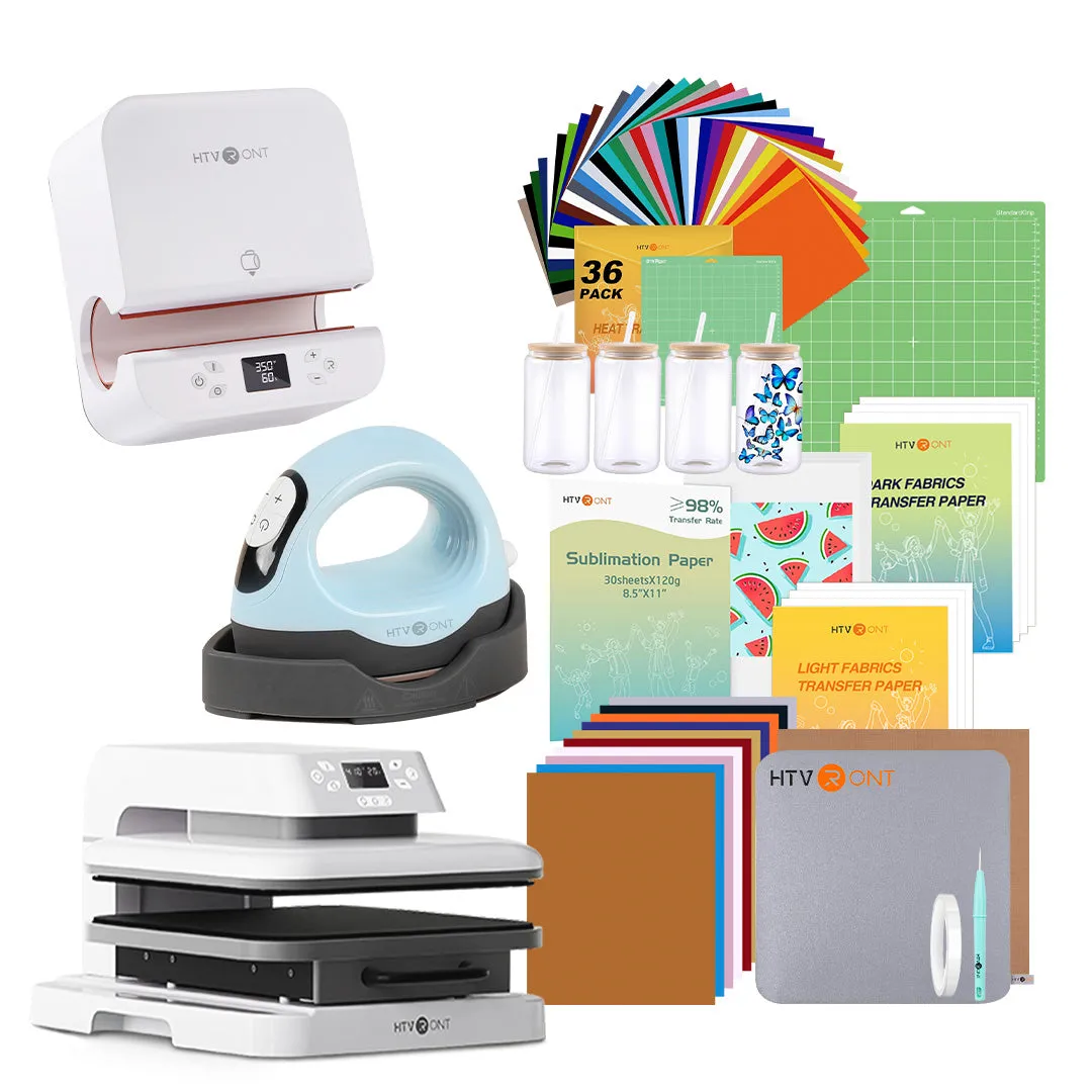 [All in bundle]HTVRONT Auto Tumbler Mini3 Heat Press Machine all in Bundle(Multicolor HTV*46 Sumblimation Paper*25 Glasses 16oz*4 Transfer paper*10 PTFE Teflon Sheet Heat Press Mat Cutting Mat Weeding Tools≥123＄)