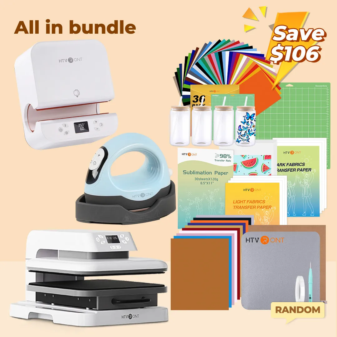 [All in bundle]HTVRONT Auto Tumbler Mini3 Heat Press Machine all in Bundle(Multicolor HTV*46 Sumblimation Paper*25 Glasses 16oz*4 Transfer paper*10 PTFE Teflon Sheet Heat Press Mat Cutting Mat Weeding Tools≥123＄)