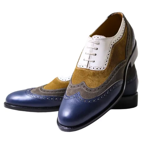 Bespoke Handmade Multi Color Leather and Suede Oxford Wingtip Lace up Dress Men's Shoes