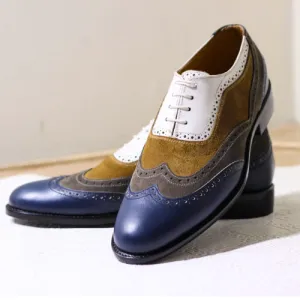 Bespoke Handmade Multi Color Leather and Suede Oxford Wingtip Lace up Dress Men's Shoes