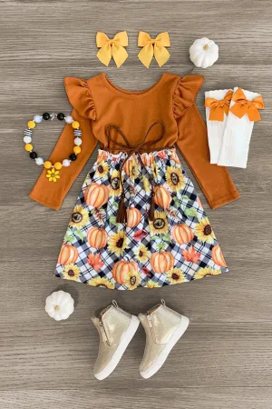 Brown Plaid Pumpkin Sunflower Dress