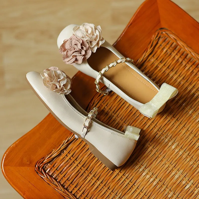 Elegant Sheepskin Strap Flower Detail Mary Jane Round Toe Flats in Beige/Silver