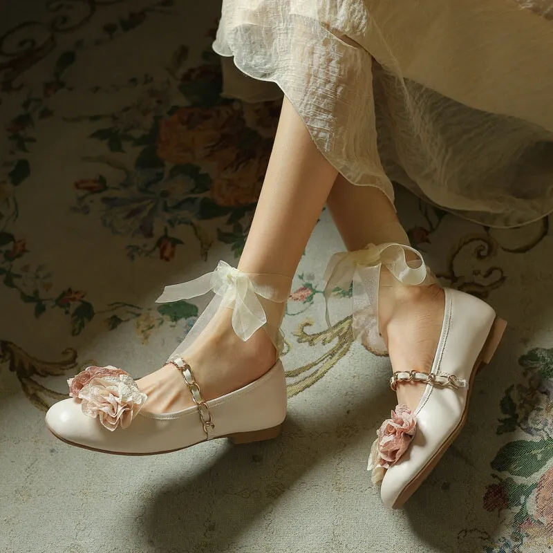 Elegant Sheepskin Strap Flower Detail Mary Jane Round Toe Flats in Beige/Silver