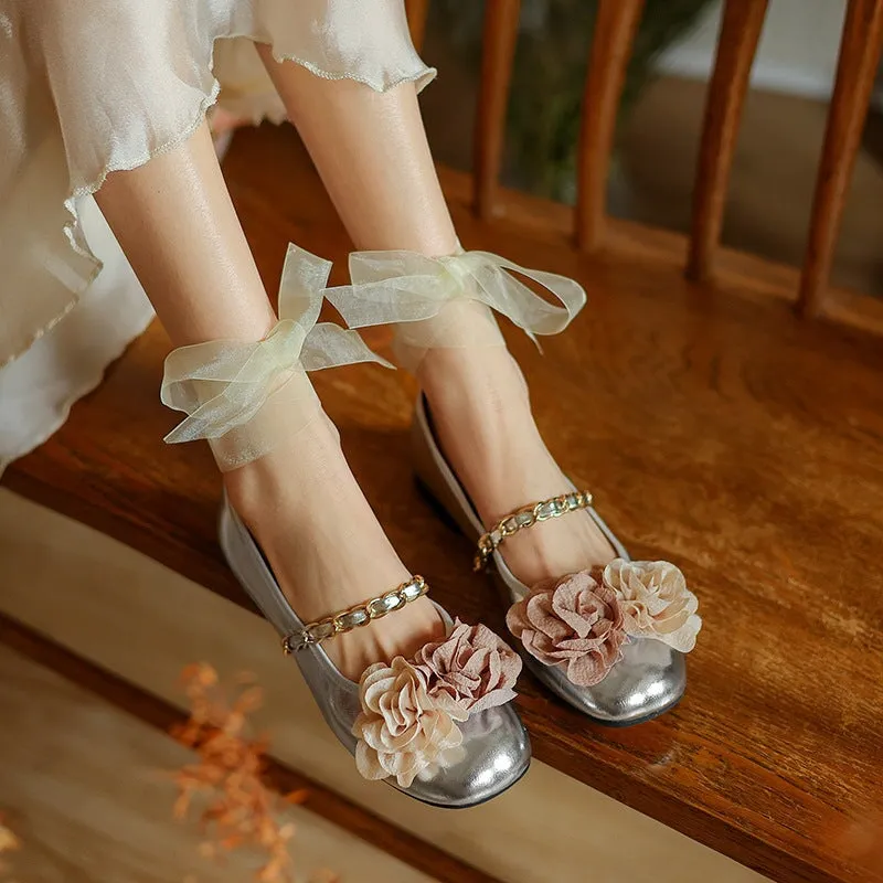 Elegant Sheepskin Strap Flower Detail Mary Jane Round Toe Flats in Beige/Silver