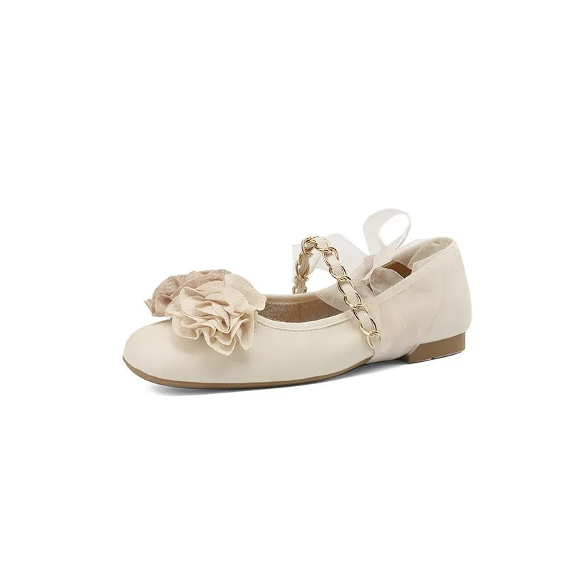 Elegant Sheepskin Strap Flower Detail Mary Jane Round Toe Flats in Beige/Silver