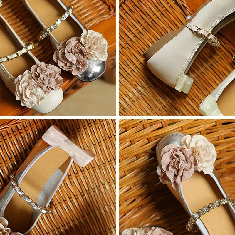 Elegant Sheepskin Strap Flower Detail Mary Jane Round Toe Flats in Beige/Silver