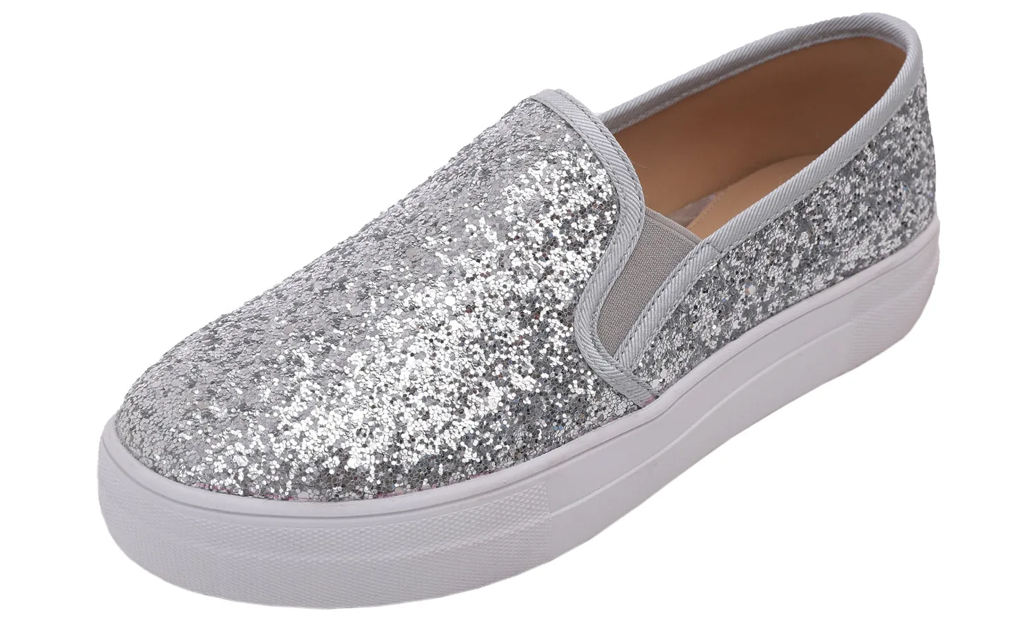 Feversole Women's Glitter Silver Platform Slip On Sneaker Casual Flat Loafers