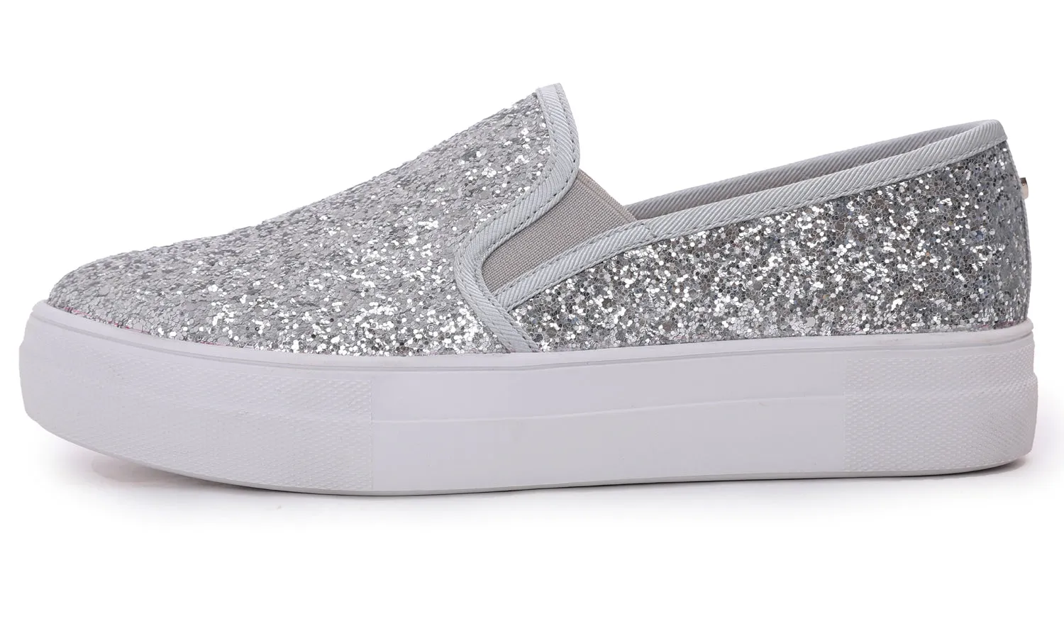 Feversole Women's Glitter Silver Platform Slip On Sneaker Casual Flat Loafers