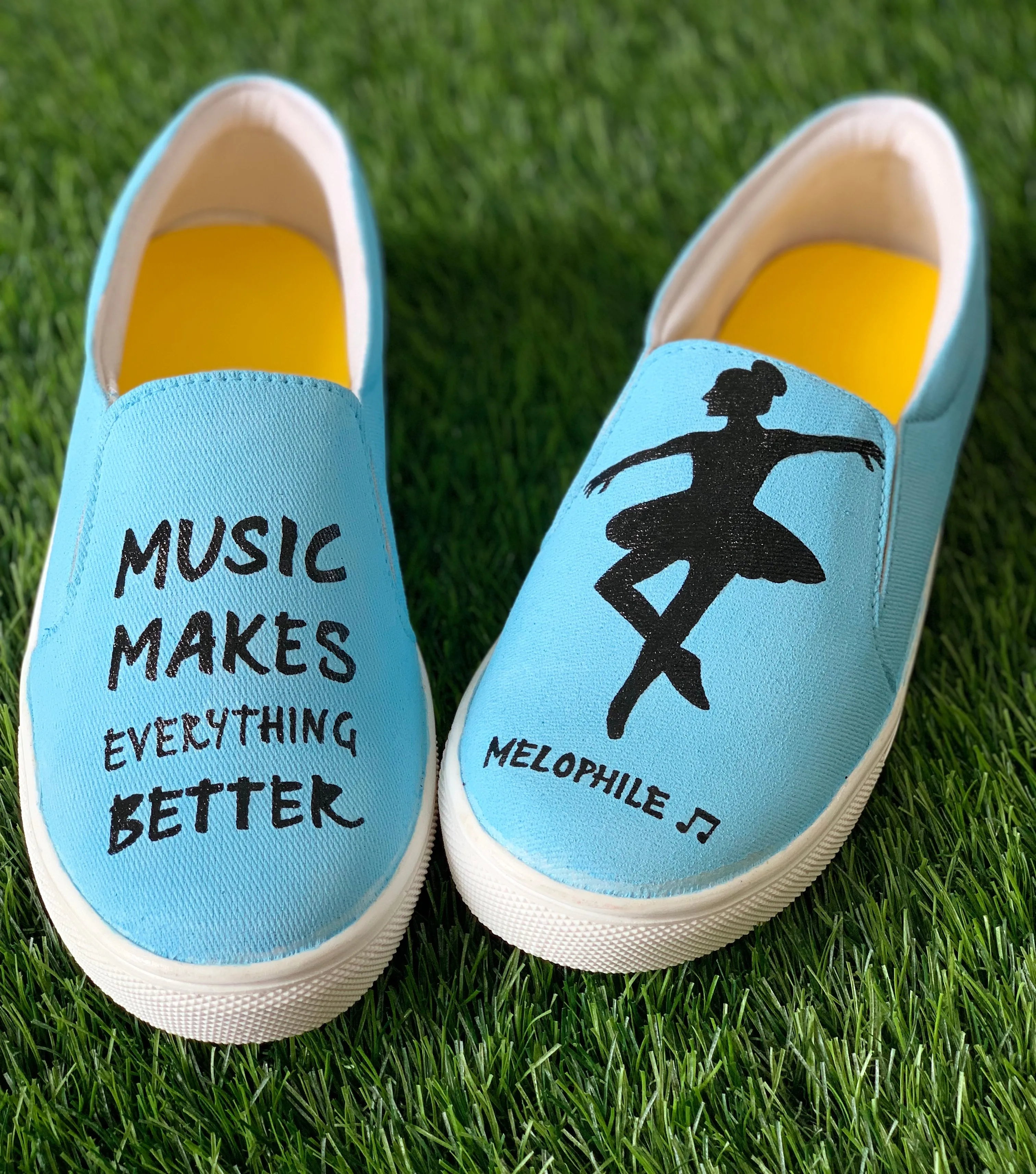 Funky N Trendy hand painted water resistant Music theme slip on shoes/ handpainted shoes/ women shoes / funky shoes/ blue shoes / funky handpainted shoes