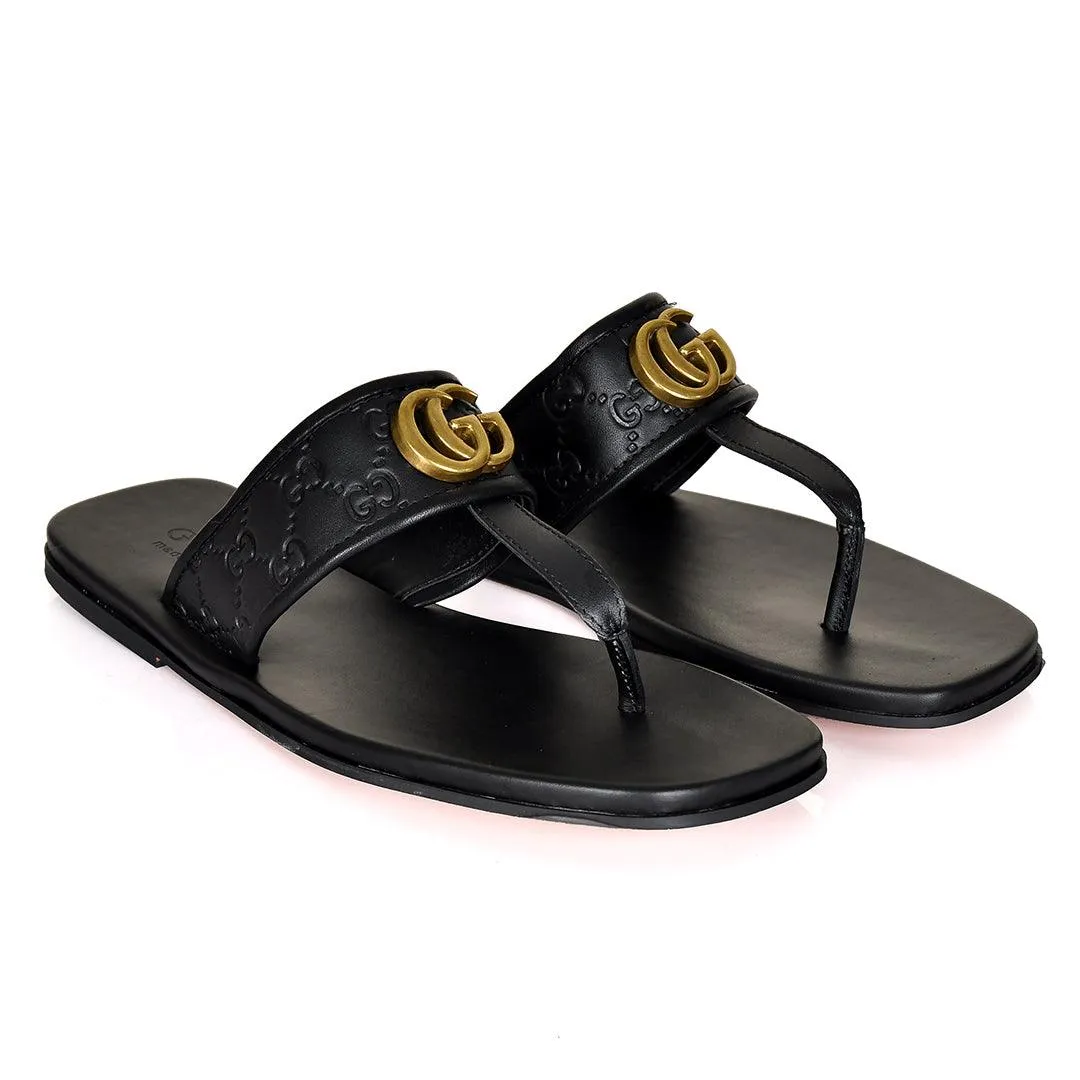 GC Created Leather Gold Logo Slippers- Black