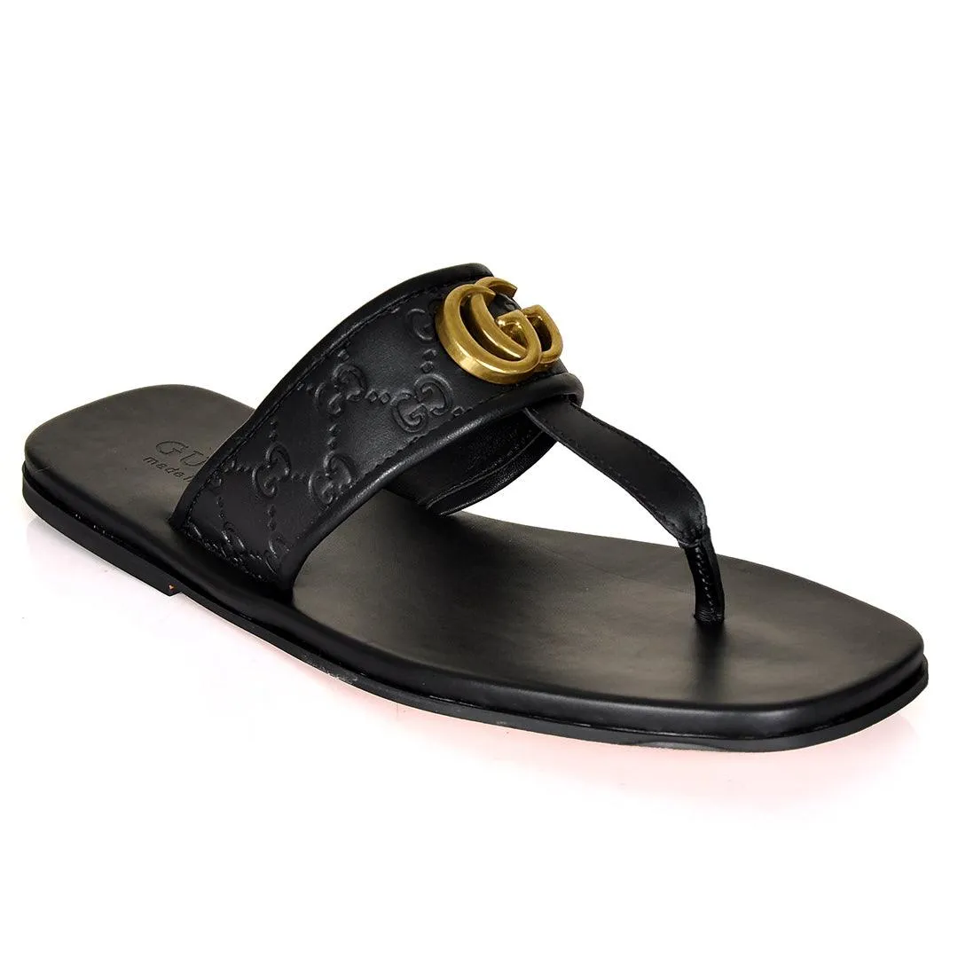 GC Created Leather Gold Logo Slippers- Black