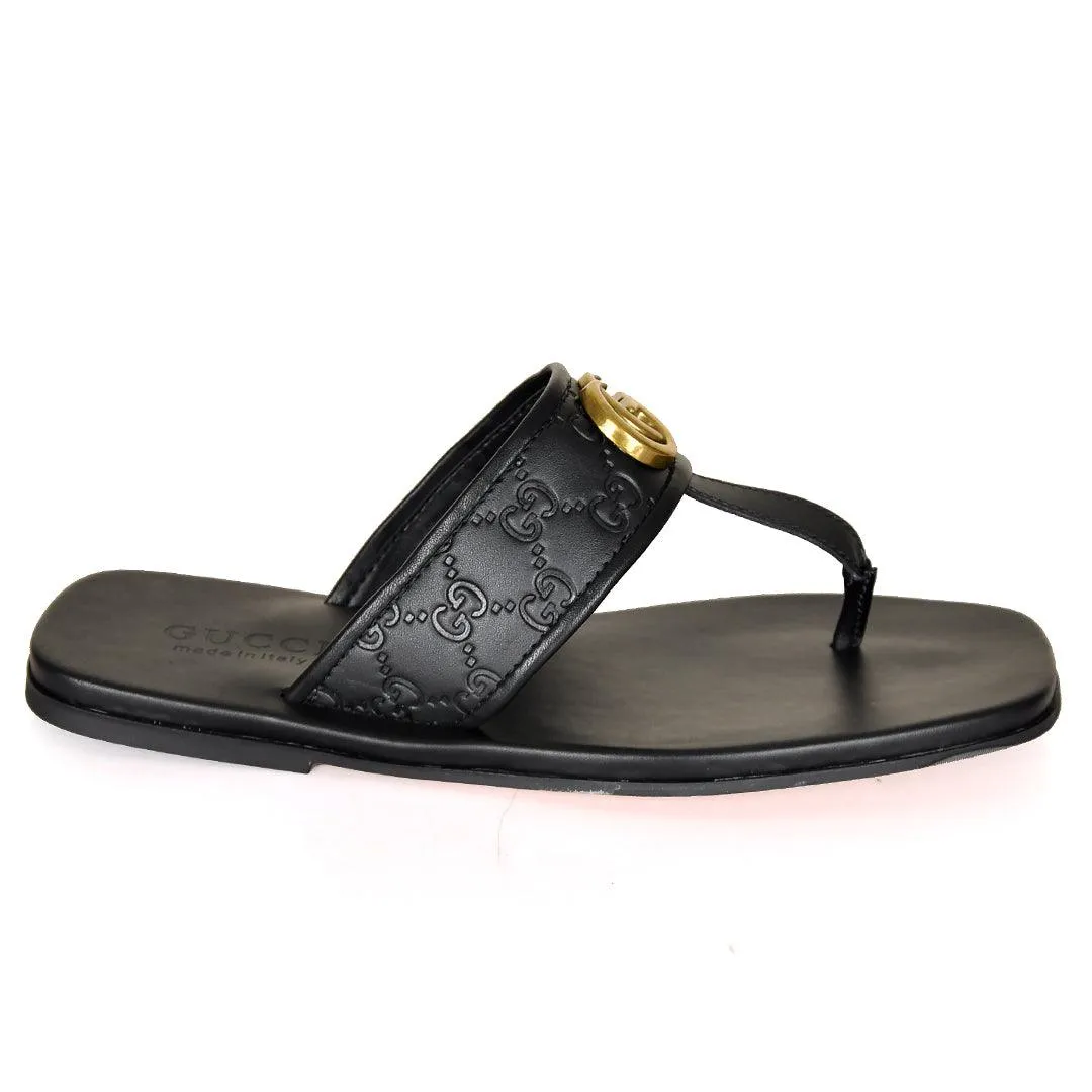 GC Created Leather Gold Logo Slippers- Black