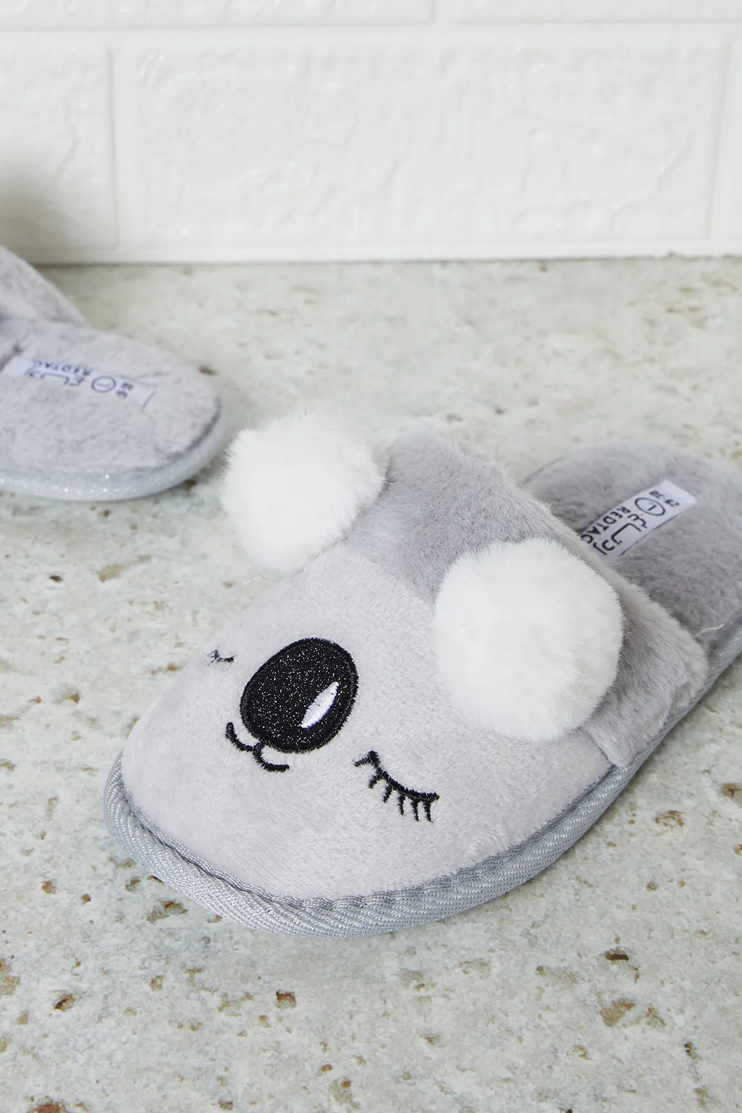 Girls Grey Pom Pom Slipper