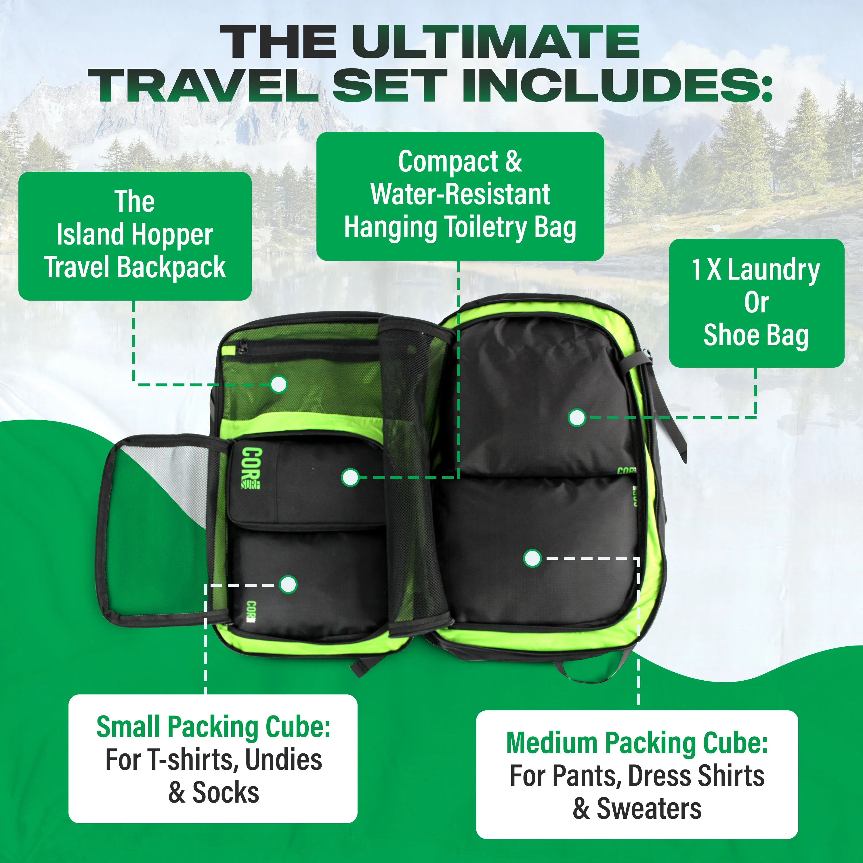 Island Hopper Travel Bundle - Backpack   Toiletry Bag   Compression Packing Cubes with YKK