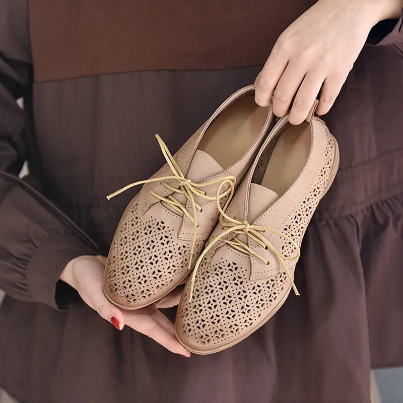 Perforated Design Genuine Leather Lace Up Oxfords for Women Soft Flats Coffee/Apricot