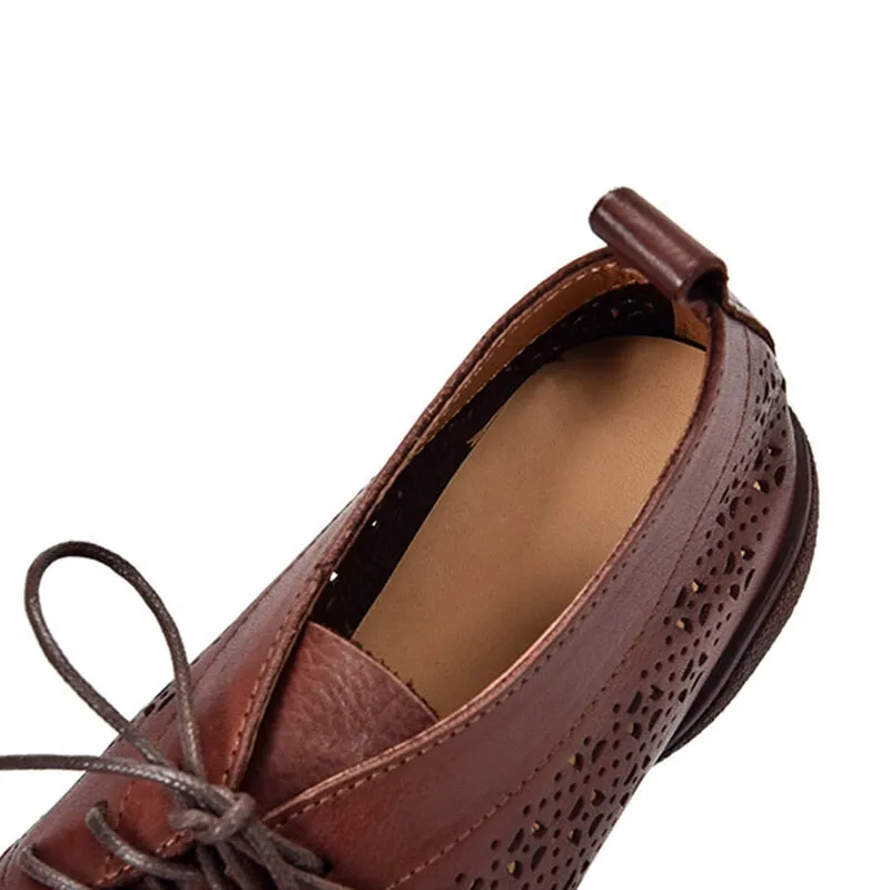 Perforated Design Genuine Leather Lace Up Oxfords for Women Soft Flats Coffee/Apricot