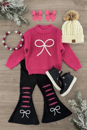 Raspberry Rose Bow Sweater Bell Bottom Set