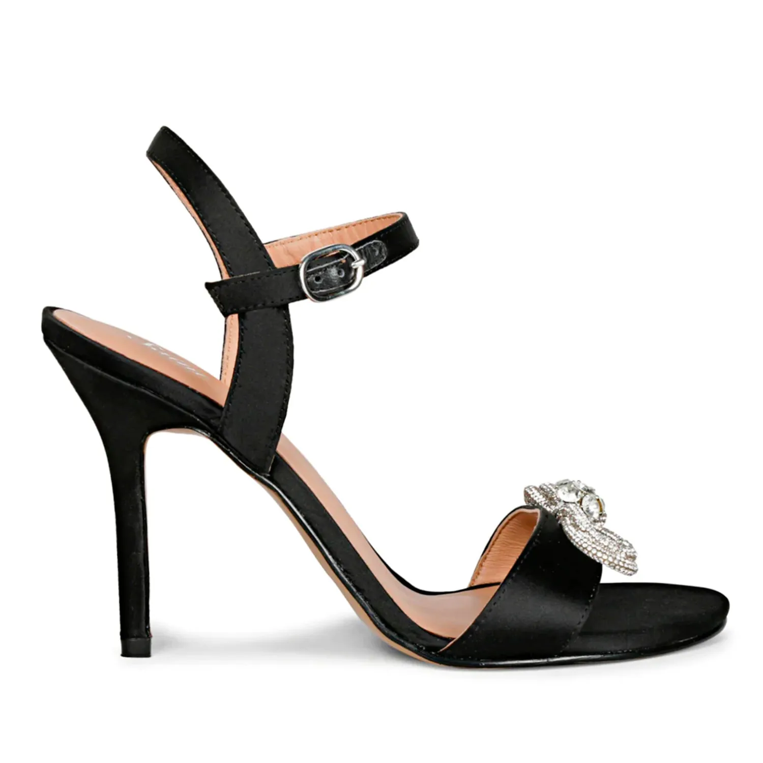 Saint Hayden Crystal Bow Black Leather-Satin Stilettos