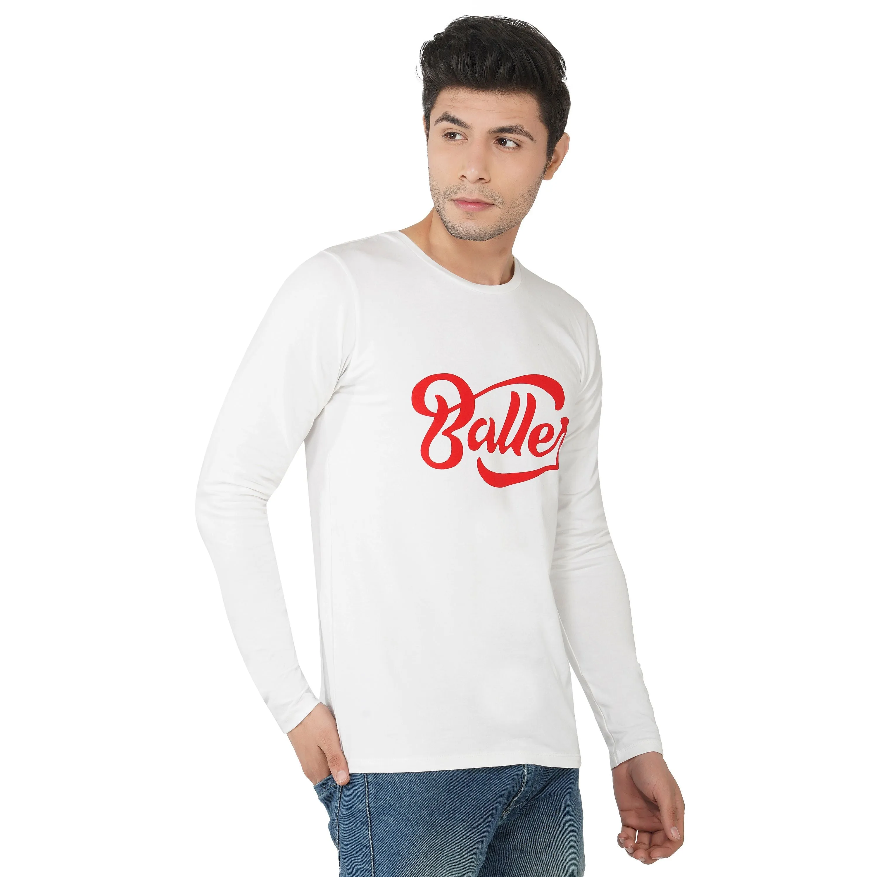 SLAY. Men's White Printed Full Sleeves T-shirt BALLER Edition