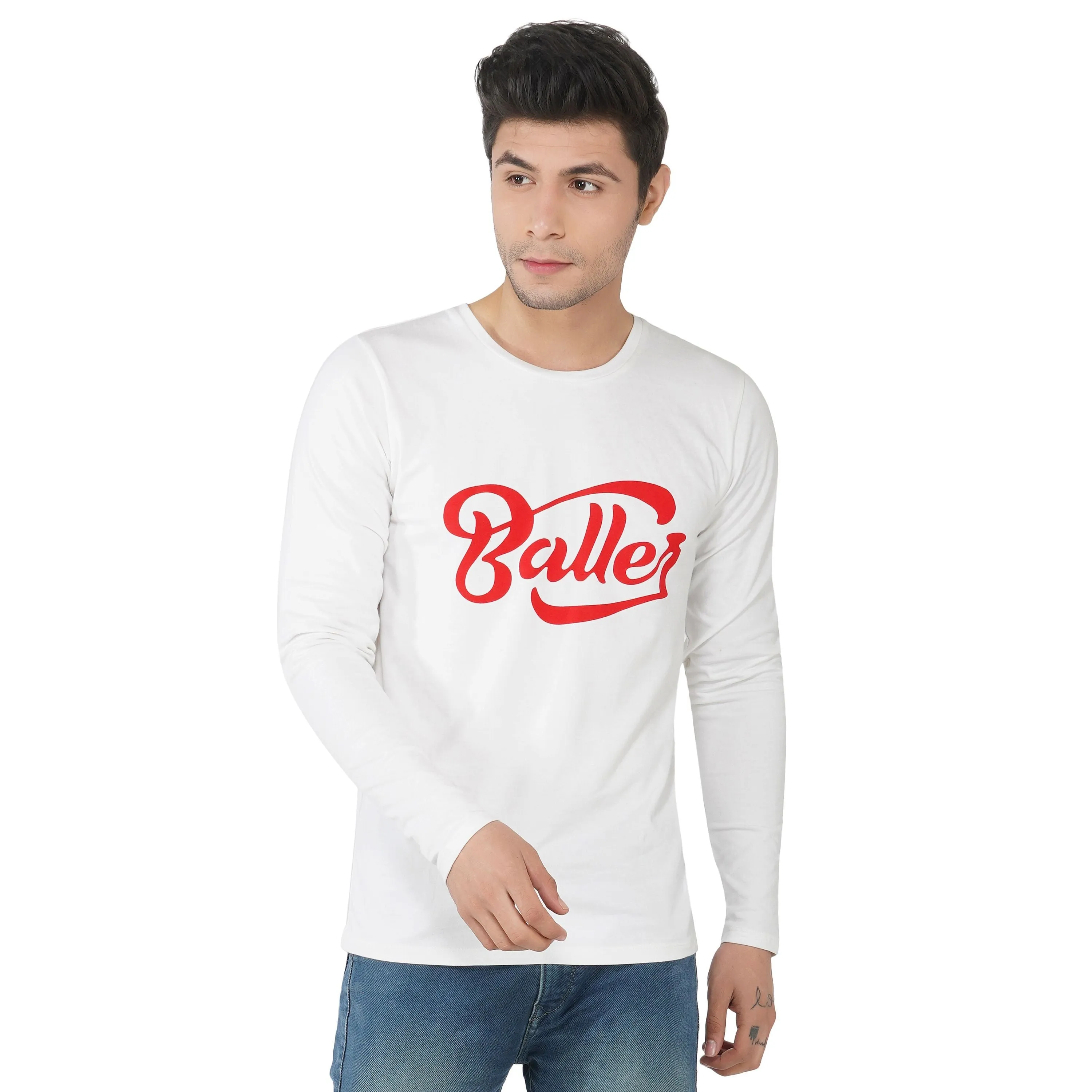 SLAY. Men's White Printed Full Sleeves T-shirt BALLER Edition