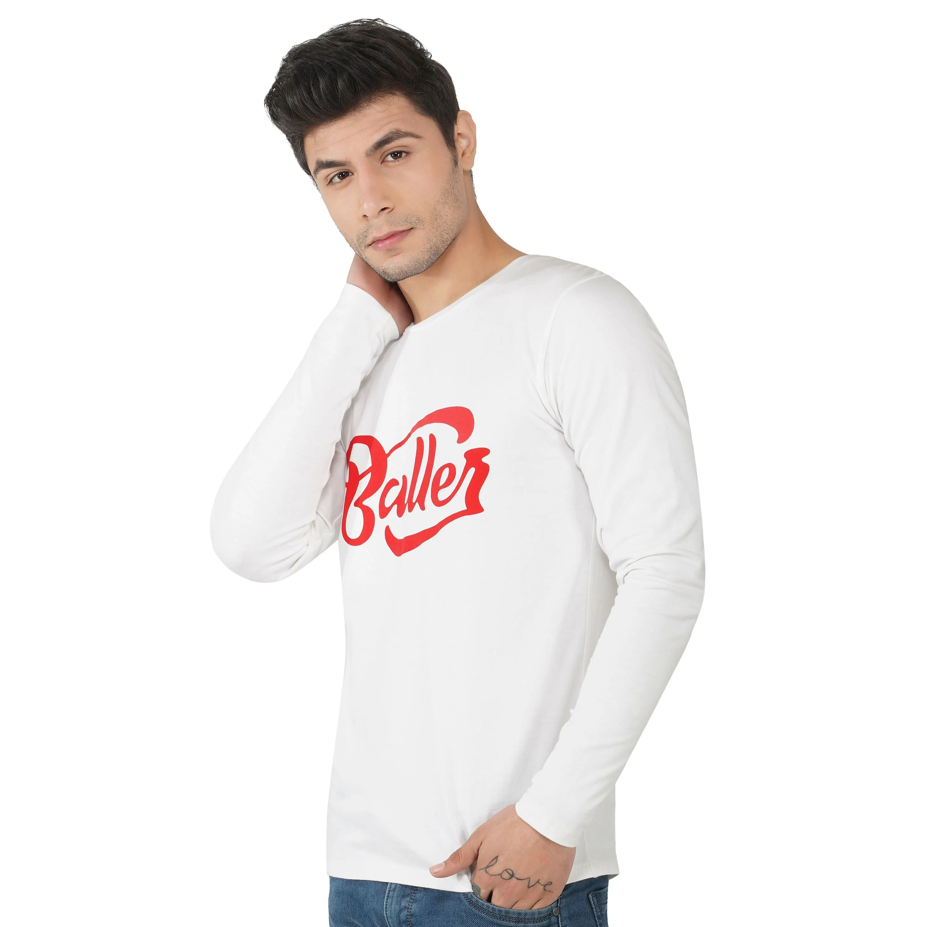 SLAY. Men's White Printed Full Sleeves T-shirt BALLER Edition