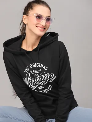 Style Quotient Women Black Printed Hooded Sweatshirt