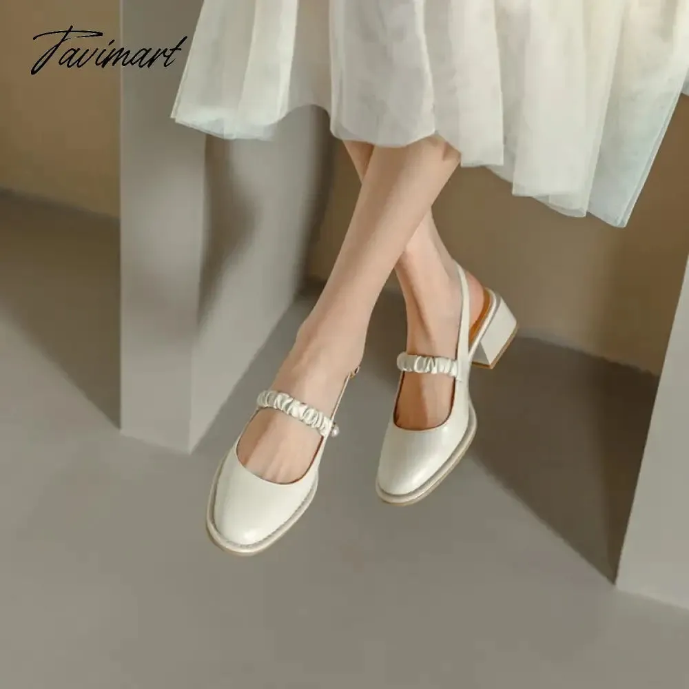 TAVIMART  Spring/Summer Women Shoes Round Toe Chunky Heel Women Sandals Solid Mary Janes Split Leather Shoes Concise Shoes for Women