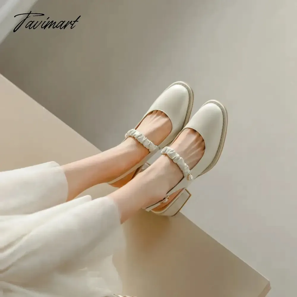 TAVIMART  Spring/Summer Women Shoes Round Toe Chunky Heel Women Sandals Solid Mary Janes Split Leather Shoes Concise Shoes for Women