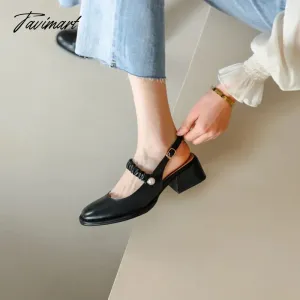 TAVIMART  Spring/Summer Women Shoes Round Toe Chunky Heel Women Sandals Solid Mary Janes Split Leather Shoes Concise Shoes for Women