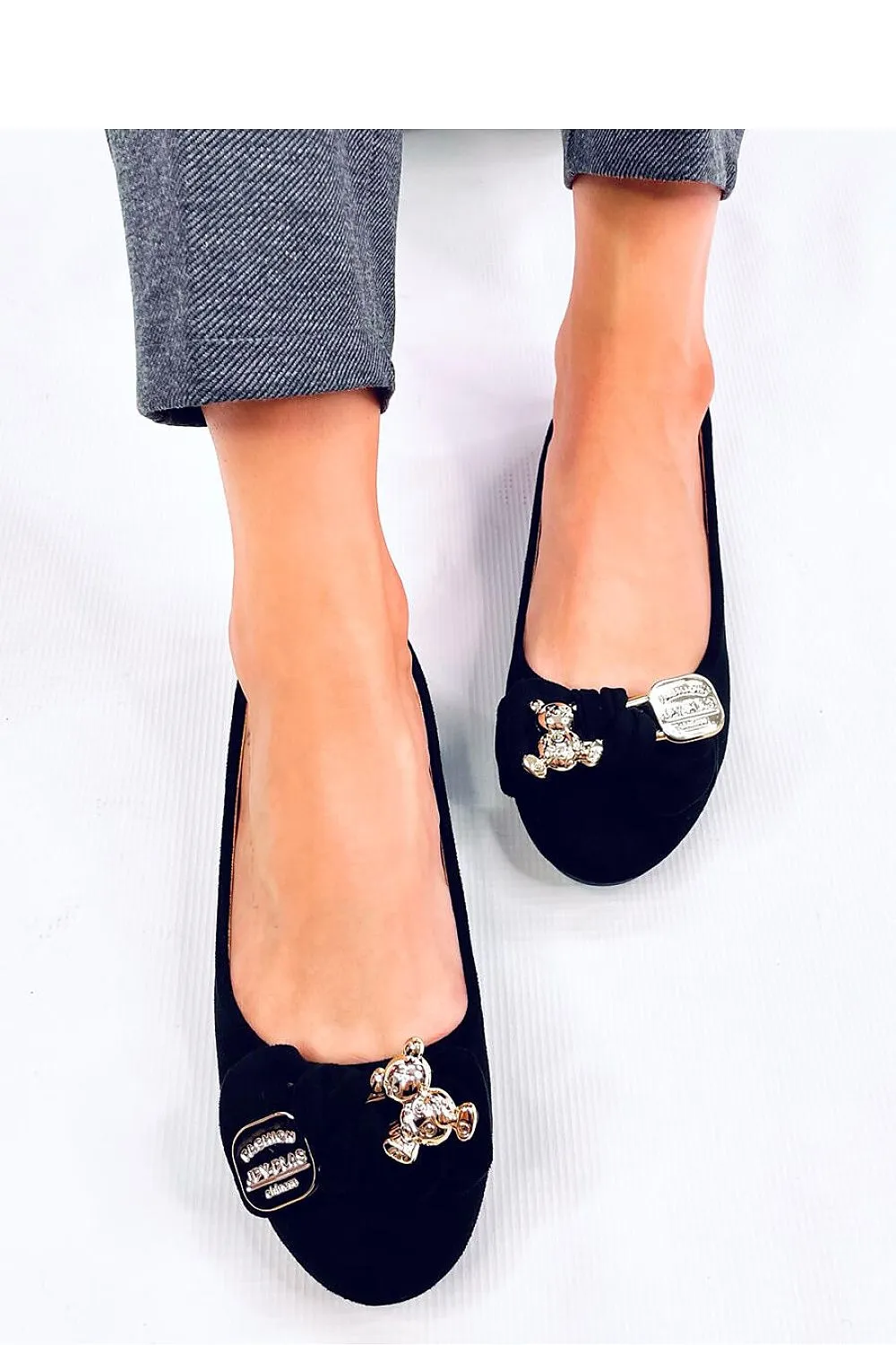 TEEK - Black Bowed Bear Suede Ballet Rounded Flats