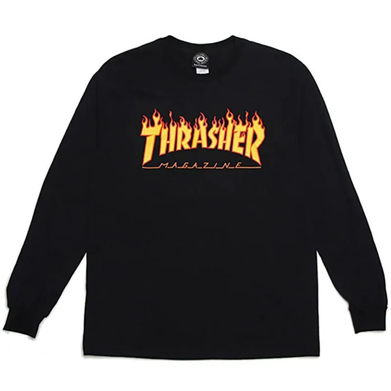 Thrasher Skateboard Magazine FLAME BLACK Long Sleeve T-Shirts