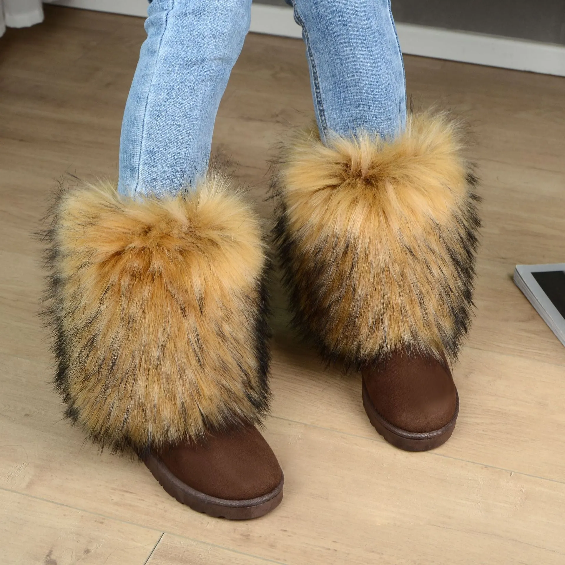 Trendy Furry Chunky Non-Slip Mid-Calf Faux Fur Snow Shoes