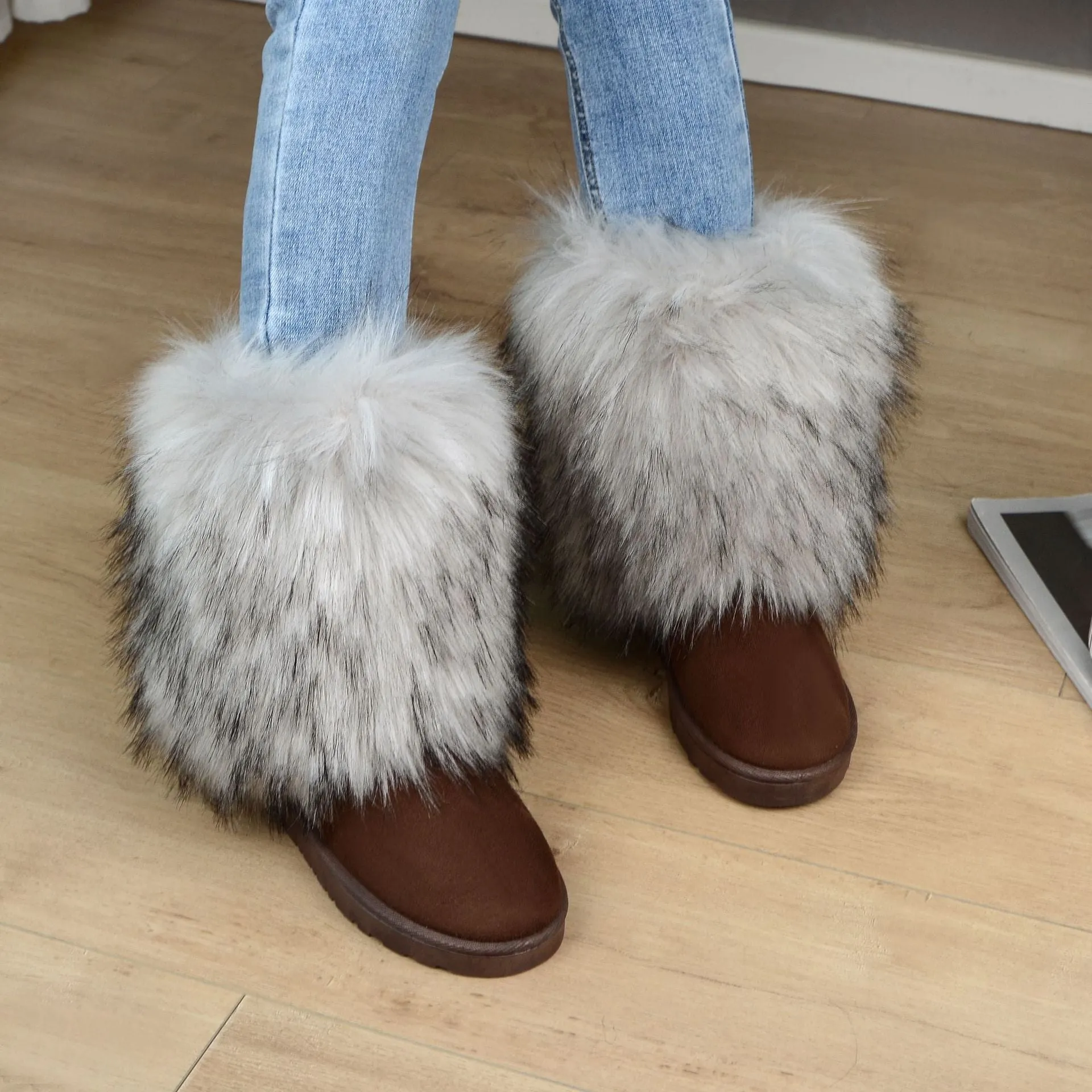 Trendy Furry Chunky Non-Slip Mid-Calf Faux Fur Snow Shoes