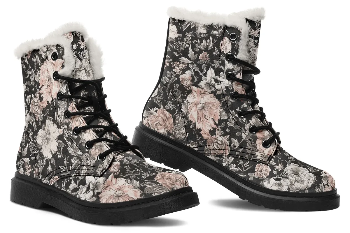 Vintage Peonies Winter Boots - Warm Micro-Suede Doc-Style Boots Lined with Vegan Wool