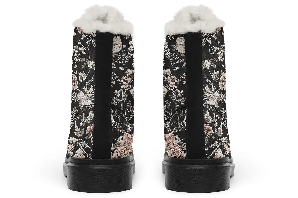 Vintage Peonies Winter Boots - Warm Micro-Suede Doc-Style Boots Lined with Vegan Wool